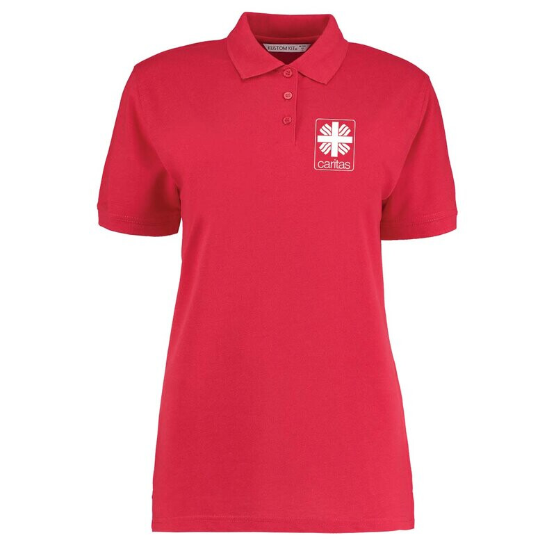 Fair und nachhaltig produziertes Poloshirt für Damen, tailliert geschnitten, Farbe: rot für den Caritasverband Meschede e.V. mit Druck auf der Brust, links (Herzseite)