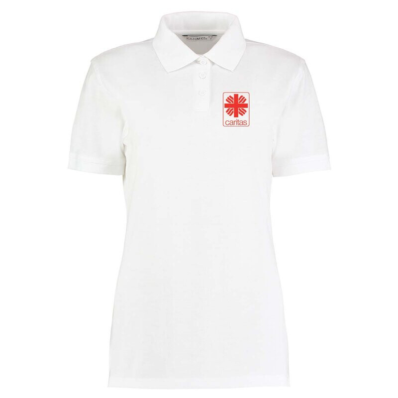Fair und nachhaltig produziertes Poloshirt für Damen, tailliert geschnitten, Farbe: weiß für den Caritasverband Meschede e.V. mit Druck auf der Brust, links (Herzseite)