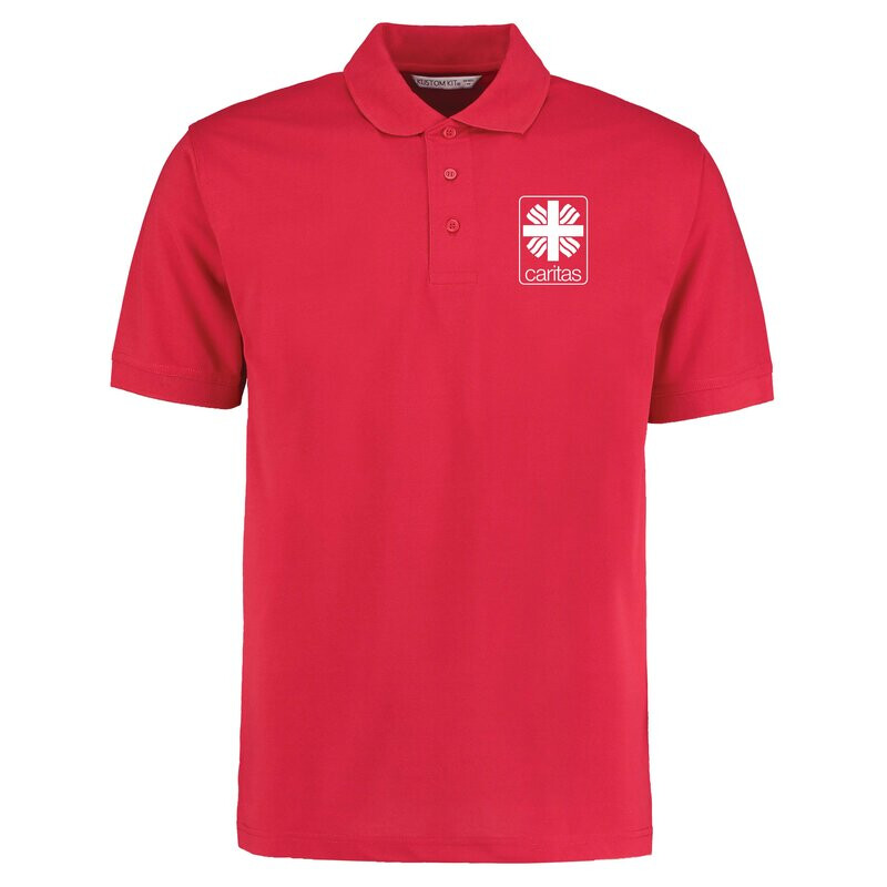 Fair und nachhaltig produziertes Poloshirt für Herren, gerade geschnitten, Farbe: rot für den Caritasverband Meschede e.V. mit Druck auf der Brust, links (Herzseite)