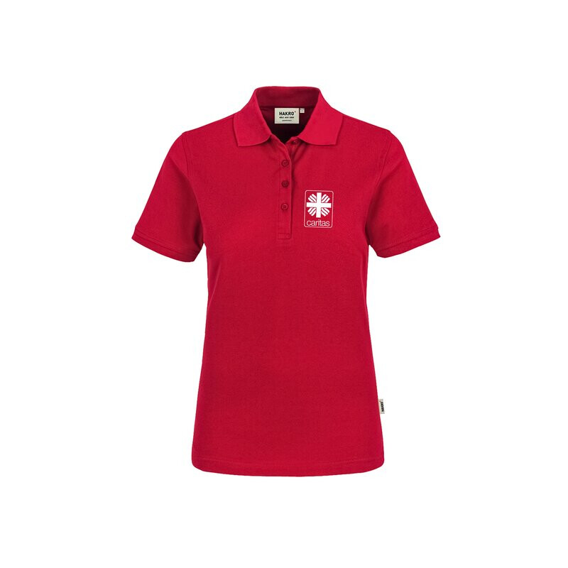 Fair produziertes Damen-Poloshirt, tailliert geschnitten, Farbe: rot für den Caritasverband Meschede e.V. mit Druck auf der Brust, links (Herzseite)