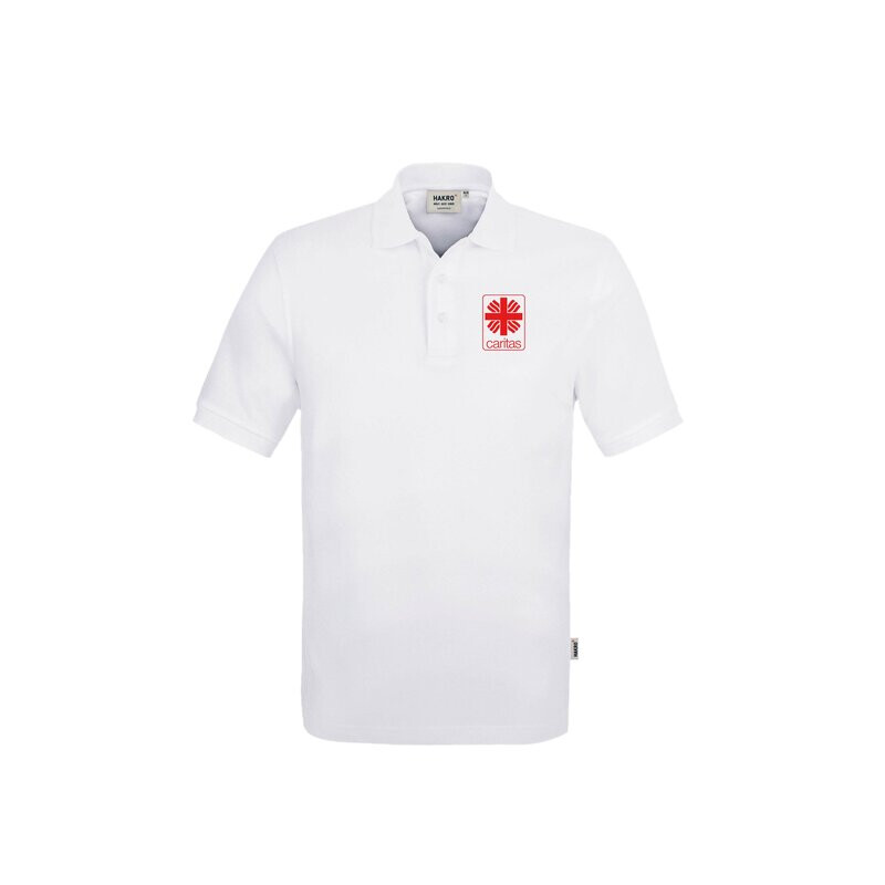 Fair produziertes Herren-Poloshirt, gerade geschnitten, Farbe: weiß für den Caritasverband Meschede e.V. mit Druck auf der Brust, links (Herzseite)