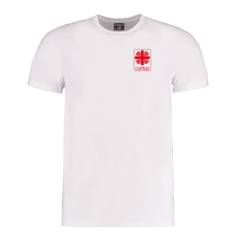 Unisex T-Shirt, Farbe: weiß für den Caritasverband Meschede e.V. mit Druck auf der Brust, links (Herzseite)