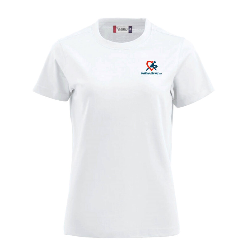 Premium T-Shirt Milana, tailliert geschnitten, Farbe: weiß für Bettina Harms GmbH mit Stick auf der Brust, links (Herzseite)