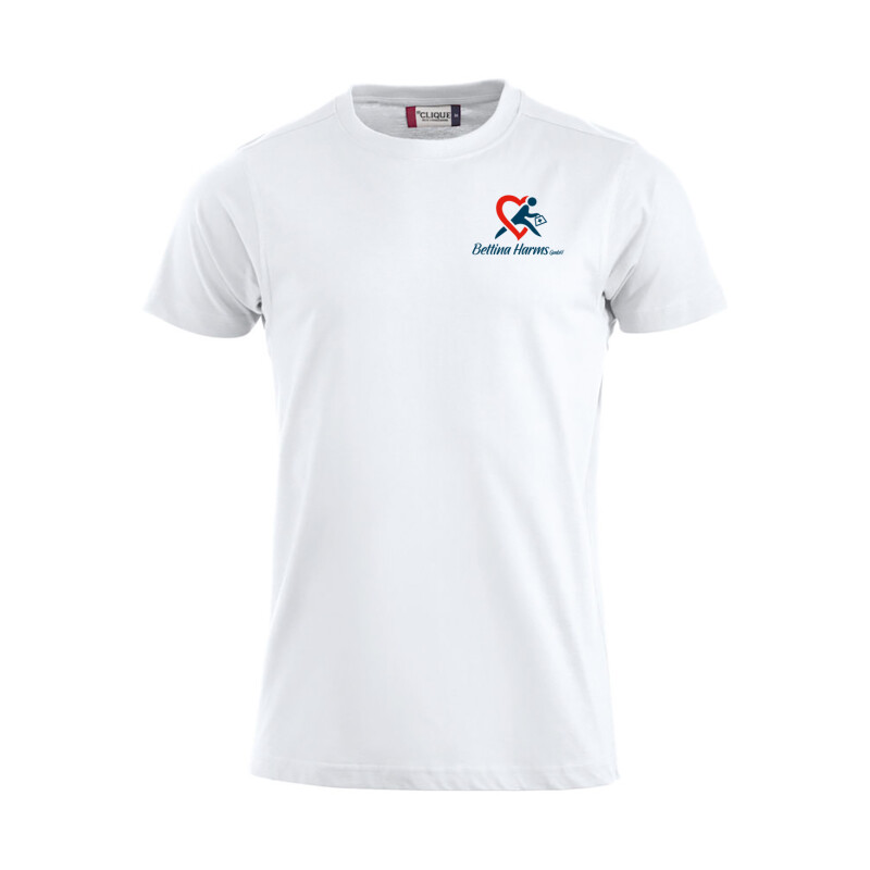 Premium T-Shirt Milan, gerade geschnitten, Farbe: weiß für Bettina Harms GmbH mit Stick auf der Brust, links (Herzseite)