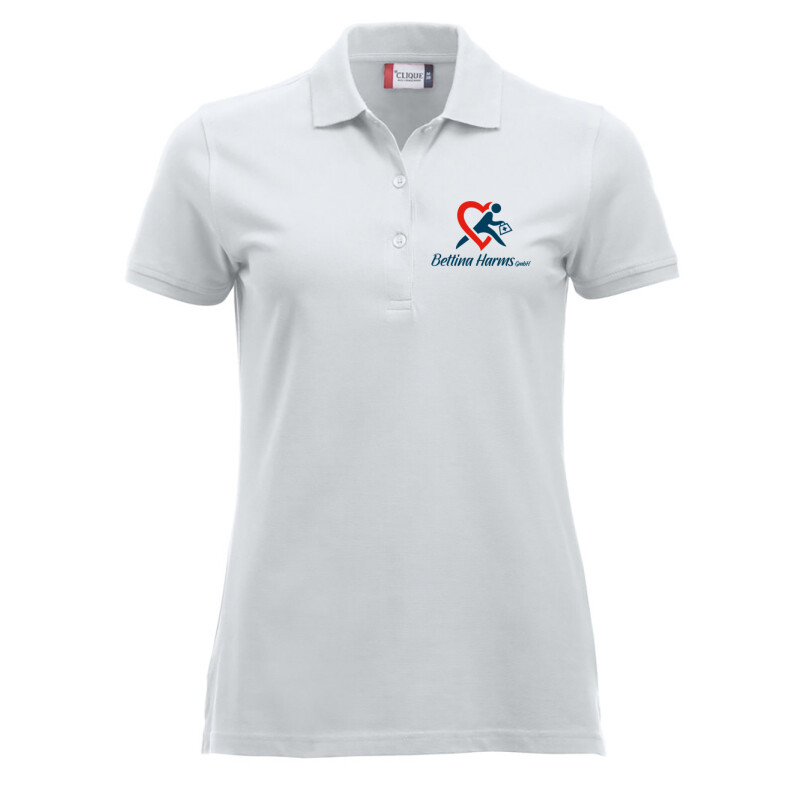 Poloshirt Rafaela, tailliert geschnitten, Farbe: weiß für Bettina Harms GmbH mit Stick auf der Brust, links (Herzseite)