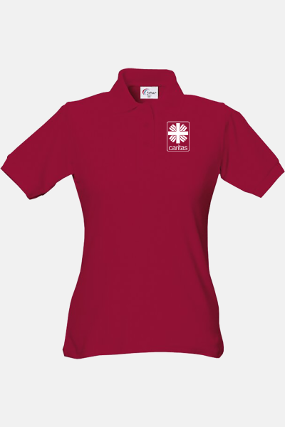 Caritas Poloshirt carestin, tailliert geschnitten, Farbe: bordeaux, Größe: XL mit Druck des Logos der Caritas auf der Brust