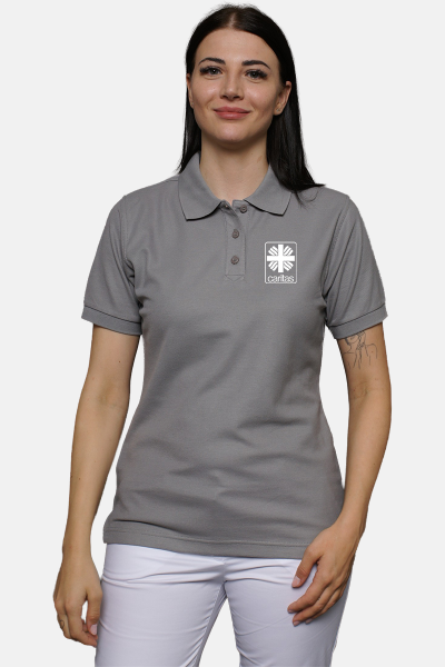 Caritas Poloshirt carestin, tailliert geschnitten, Farbe: grau, Größe: XL mit Druck des Logos der Caritas auf der Brust
