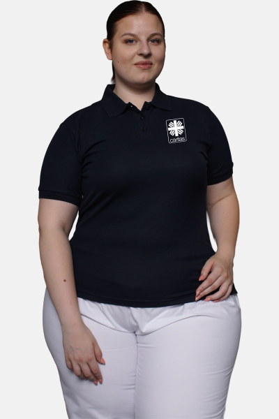 Caritas Poloshirt carestin, tailliert geschnitten, Farbe: schwarz, Größe: XS mit Druck des Logos der Caritas auf der Brust