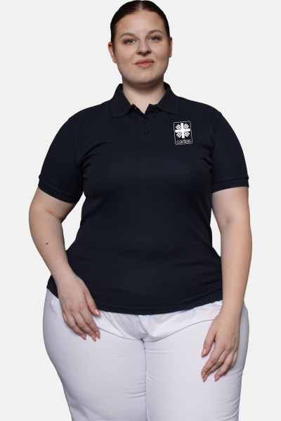 Caritas Poloshirt carestin, tailliert geschnitten, Farbe: schwarz, Größe: XS mit Druck des Logos der Caritas auf der Brust