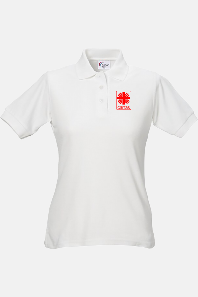 Caritas Poloshirt carestin, tailliert geschnitten, Farbe: weiß, Größe: XL mit Druck des Logos der Caritas auf der Brust