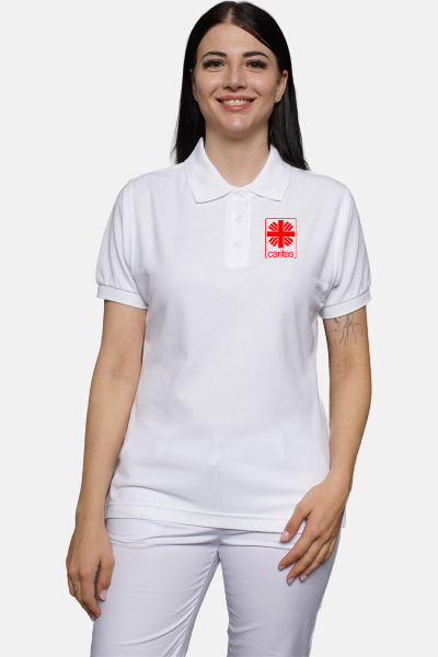 Caritas Poloshirt carestin, tailliert geschnitten, Farbe: weiß, Größe: XL mit Druck des Logos der Caritas auf der Brust