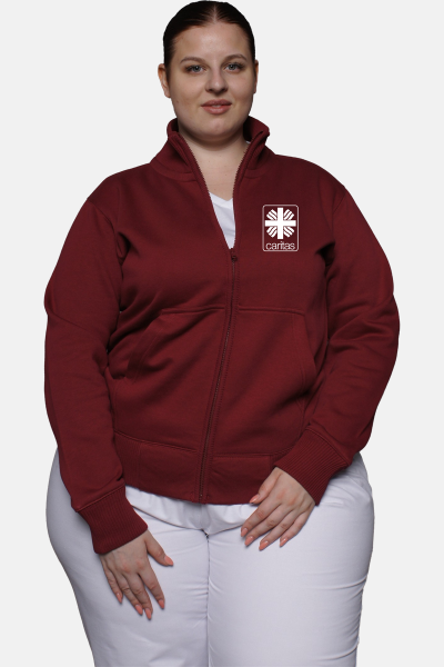 Stehkragenjacke carestin  - speziell für die Caritas, Farbe: bordeaux, Größe: XS mit Druck des Logos der Caritas auf der Brust