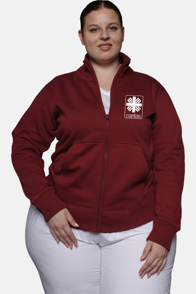 Stehkragenjacke carestin  - speziell für die Caritas, Farbe: bordeaux, Größe: XS mit Druck des Logos der Caritas auf der Brust