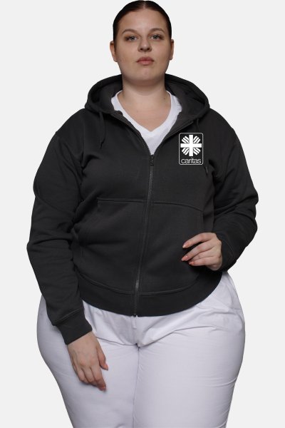 Kapuzenjacke carestin - speziell für die Caritas, Farbe: schwarz, Größe: XS mit Druck des Logos der Caritas auf der Brust
