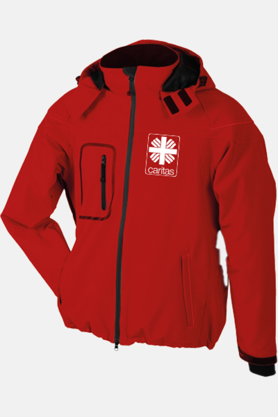 Caritas Winter Softshell Jacke Taria, tailliert geschnitten, Farbe: rot/schwarz, Größe: S mit Druck des Logos der Caritas auf der Brust