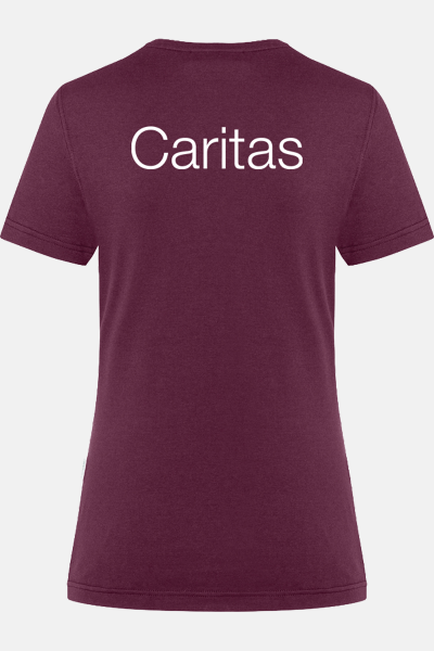 Caritas T-shirt Rynara, tailliert geschnitten, Farbe: bordeaux, Größe: XS mit Druck des Logos der Caritas auf der Brust