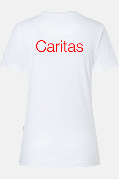 Caritas T-shirt Rynara, tailliert geschnitten, Farbe: weiß, Größe: XS mit Druck des Logos der Caritas auf der Brust