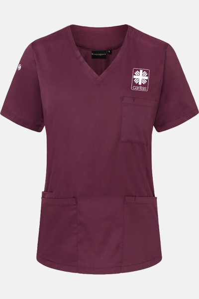 Caritas Kasack Thaven, tailliert geschnitten, Farbe: bordeaux, Größe: XS mit Druck des Logos der Caritas auf der Brust