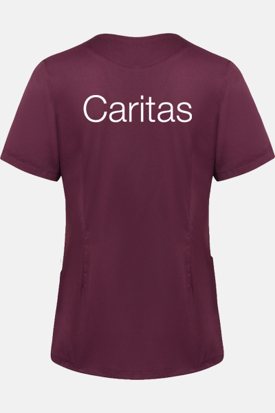 Caritas Kasack Thaven, tailliert geschnitten, Farbe: bordeaux, Größe: XS mit Druck des Logos der Caritas auf der Brust