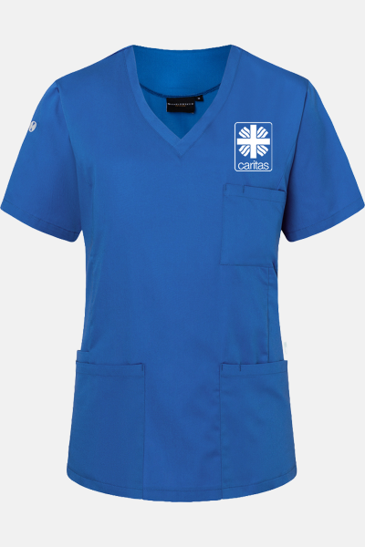 Caritas Kasack Thaven, tailliert geschnitten, Farbe: royal, Größe: XS mit Druck des Logos der Caritas auf der Brust