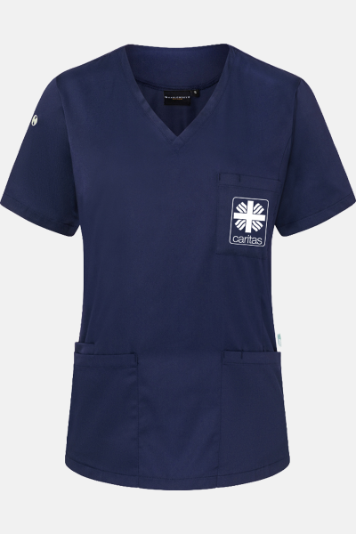 Caritas Kasack Thaven, tailliert geschnitten, Farbe: navy, Größe: XS mit Druck des Logos der Caritas auf der Brust