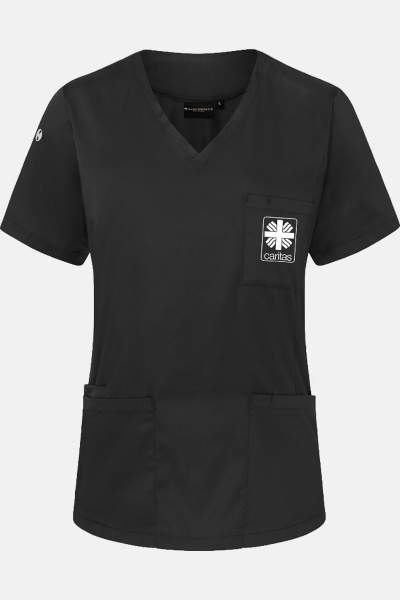 Caritas Kasack Thaven, tailliert geschnitten, Farbe: schwarz, Größe: XS mit Druck des Logos der Caritas auf der Brust