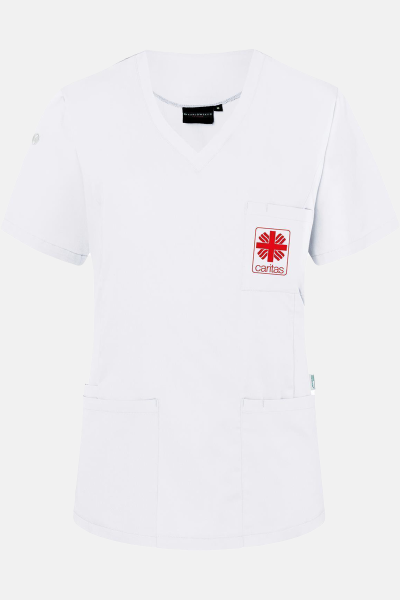 Caritas Kasack Thaven, tailliert geschnitten, Farbe: weiß, Größe: XS mit Druck des Logos der Caritas auf der Brust