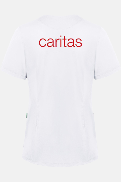 Caritas Kasack Thaven, tailliert geschnitten, Farbe: weiß, Größe: XS mit Druck des Logos der Caritas auf der Brust