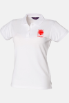 Caritas Funktionspolo Ruth, tailliert geschnitten, Farbe: weiß, Größe: XS mit Druck des Logos der Caritas auf der Brust