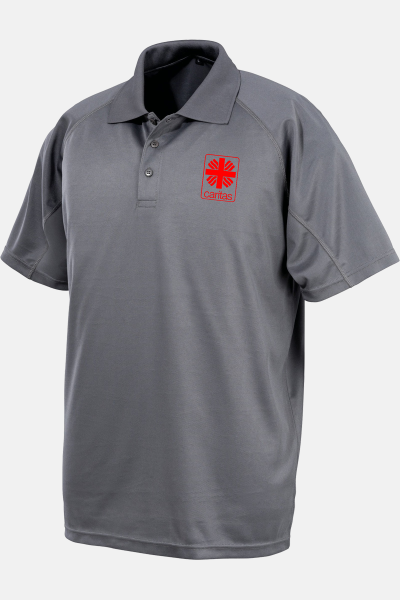 Funktionspolo Thoren - speziell für die Caritas, Farbe: grau, Größe: XS mit Druck des Logos der Caritas auf der Brust
