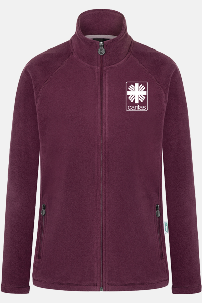 Caritas Fleecejacke Velora, tailliert geschnitten, Farbe: bordeaux, Größe: XS mit Stick des Logos der Caritas auf der Brust