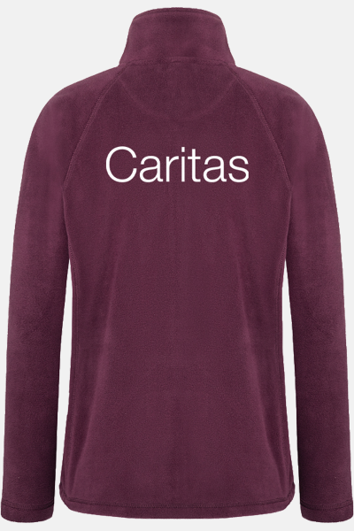 Caritas Fleecejacke Velora, tailliert geschnitten, Farbe: bordeaux, Größe: XS mit Stick des Logos der Caritas auf der Brust