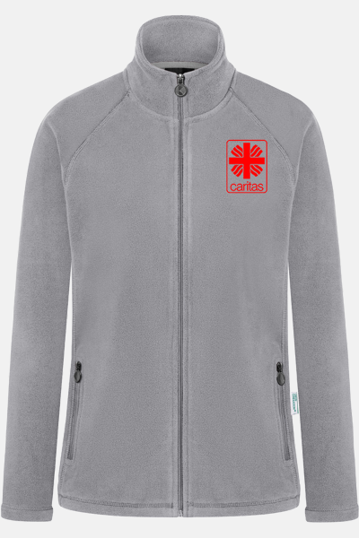 Caritas Fleecejacke Velora, tailliert geschnitten, Farbe: grau, Größe: XS mit Stick des Logos der Caritas auf der Brust