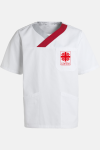 Unisex Schlupfkasack Leike - speziell für die Caritas, Farbe: weiß/rot+grau, Größe: XXS mit Druck des Logos der Caritas auf der Brust