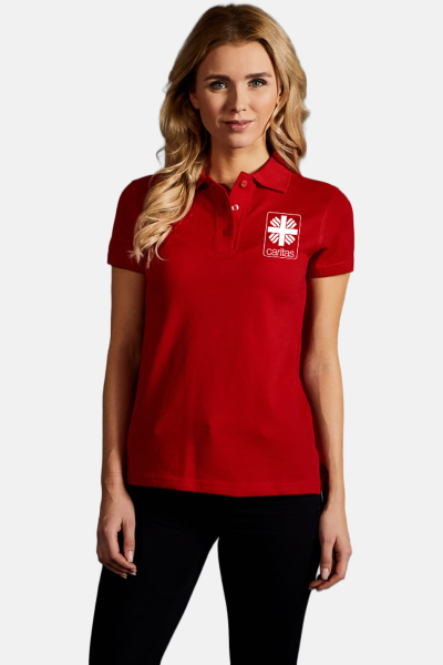 Caritas Polo Lyndra, tailliert geschnitten, Farbe: rot, Größe: XS mit Druck des Logos der Caritas auf der Brust