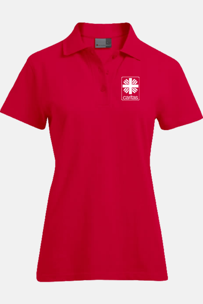 Caritas Polo Lyndra, tailliert geschnitten, Farbe: rot, Größe: XS mit Druck des Logos der Caritas auf der Brust