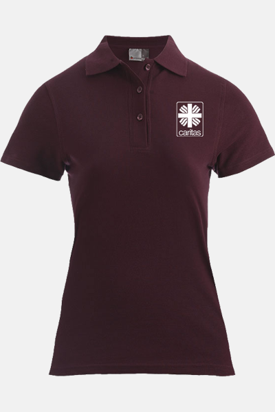 Caritas Polo Lyndra, tailliert geschnitten, Farbe: bordeaux, Größe: XS mit Druck des Logos der Caritas auf der Brust