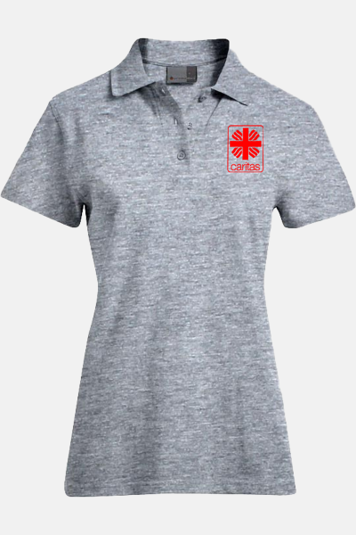 Caritas Polo Lyndra, tailliert geschnitten, Farbe: grau-meliert, Größe: XS mit Druck des Logos der Caritas auf der Brust