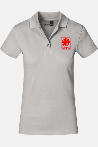 Caritas Polo Lyndra, tailliert geschnitten, Farbe: hell grau, Größe: XS mit Druck des Logos der Caritas auf der Brust