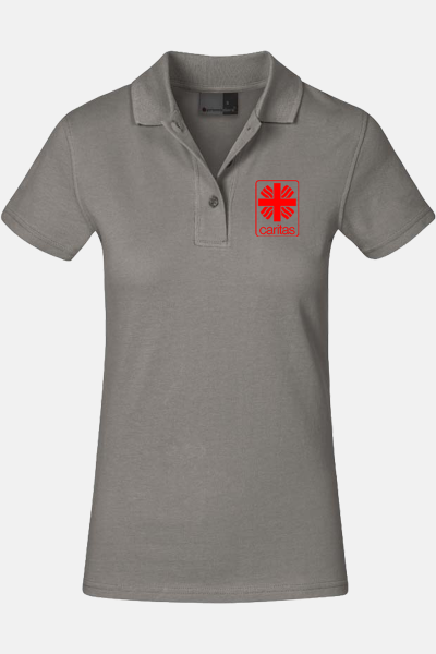 Caritas Polo Lyndra, tailliert geschnitten, Farbe: grau, Größe: XS mit Druck des Logos der Caritas auf der Brust