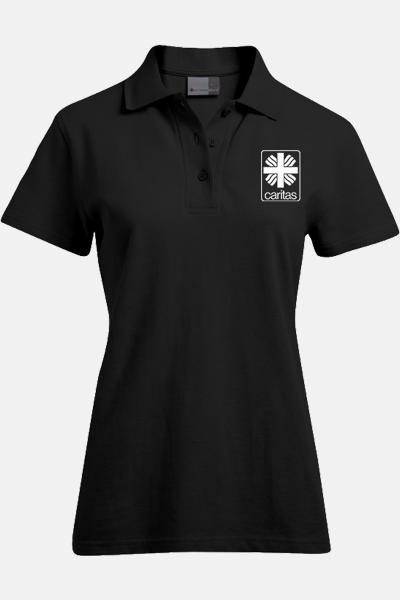 Caritas Polo Lyndra, tailliert geschnitten, Farbe: schwarz, Größe: XS mit Druck des Logos der Caritas auf der Brust