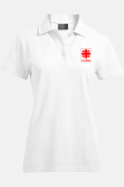 Caritas Polo Lyndra, tailliert geschnitten, Farbe: weiß, Größe: XS mit Druck des Logos der Caritas auf der Brust