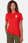 Caritas Damen Polohemd Tavina, tailliert geschnitten, Farbe: tomatenrot, Größe: XS mit Druck des Logos der Caritas auf der Brust