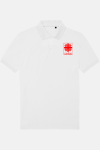 Caritas Damen Polohemd Tavina, tailliert geschnitten, Farbe: weiß, Größe: XS mit Druck des Logos der Caritas auf der Brust