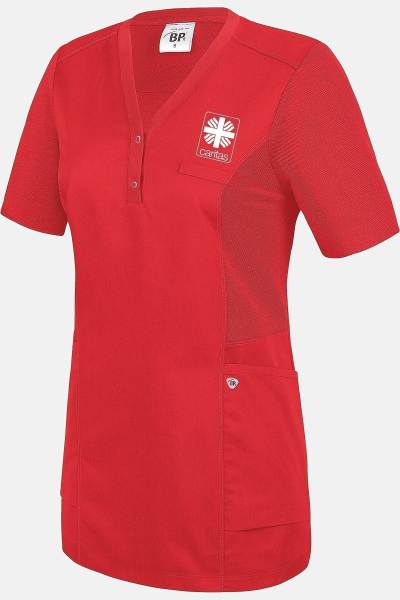 Caritas Komfortkasack Dravena, tailliert geschnitten, Farbe: rot, Größe: XS mit Druck des Logos der Caritas auf der Brust