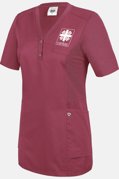 Caritas Komfortkasack Dravena, tailliert geschnitten, Farbe: brombeere, Größe: XS mit Druck des Logos der Caritas auf der Brust