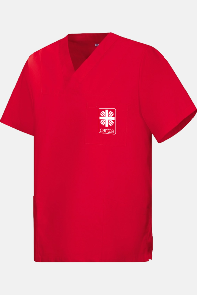 Unisex Schlupfkasack Eike - speziell für die Caritas, Farbe: rot, Größe: XS mit Druck des Logos der Caritas auf der Brust