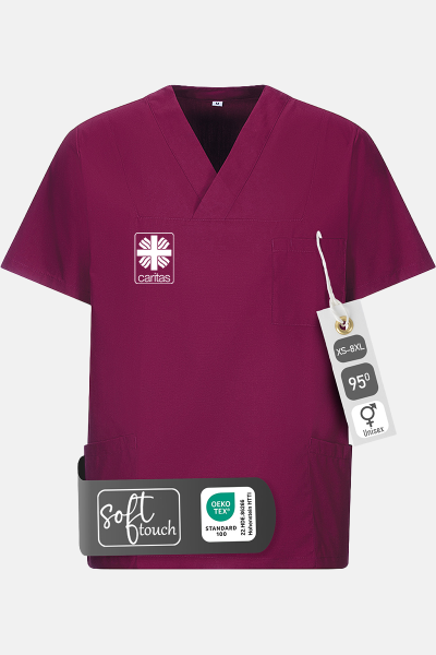 Unisex Schlupfkasack Eike - speziell für die Caritas, Farbe: bordeaux, Größe: XS mit Druck des Logos der Caritas auf der Brust