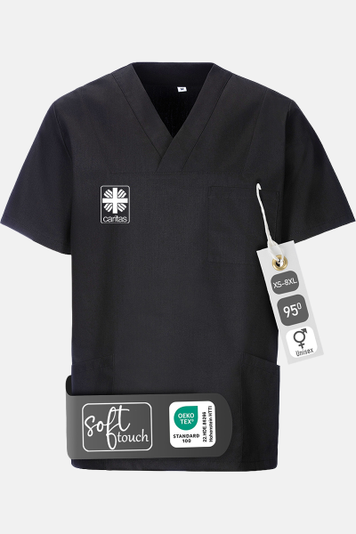 Unisex Schlupfkasack Eike - speziell für die Caritas, Farbe: schwarz, Größe: XS mit Druck des Logos der Caritas auf der Brust