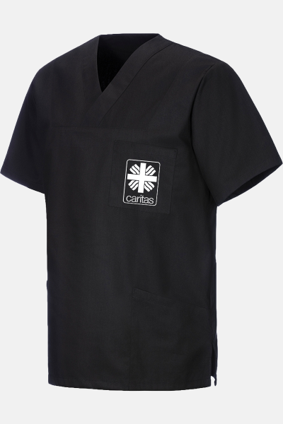 Unisex Schlupfkasack Eike - speziell für die Caritas, Farbe: schwarz, Größe: XS mit Druck des Logos der Caritas auf der Brust